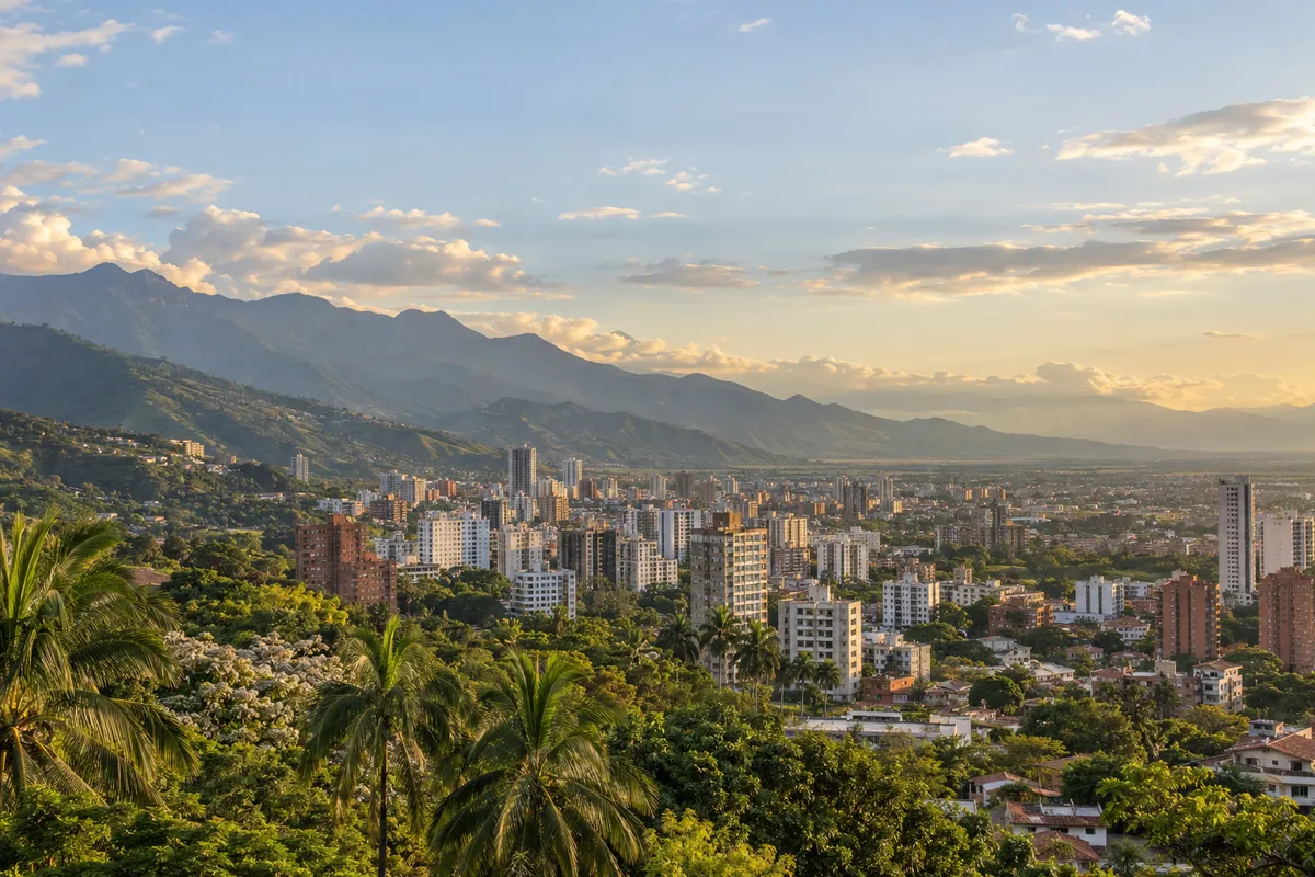 Vista panorámica de Cali con palmeras en primer plano, los Farallones al fondo y el valle del Cauca abriéndose a la derecha; Vigomez distribuye fruta importada desde su sede en Cali